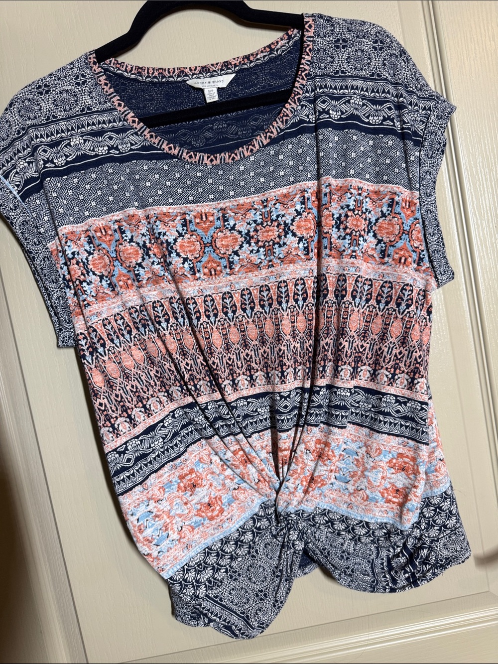 Lucky Brand Navy, Coral & Pink Twist-Front Short Sleeve Top Small